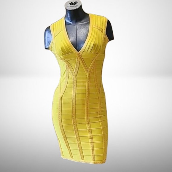 Herve Leger Dresses & Skirts - Herve Leger Stunning Bandage Dress in Citrus Yellow and Pink Accent. Size: L